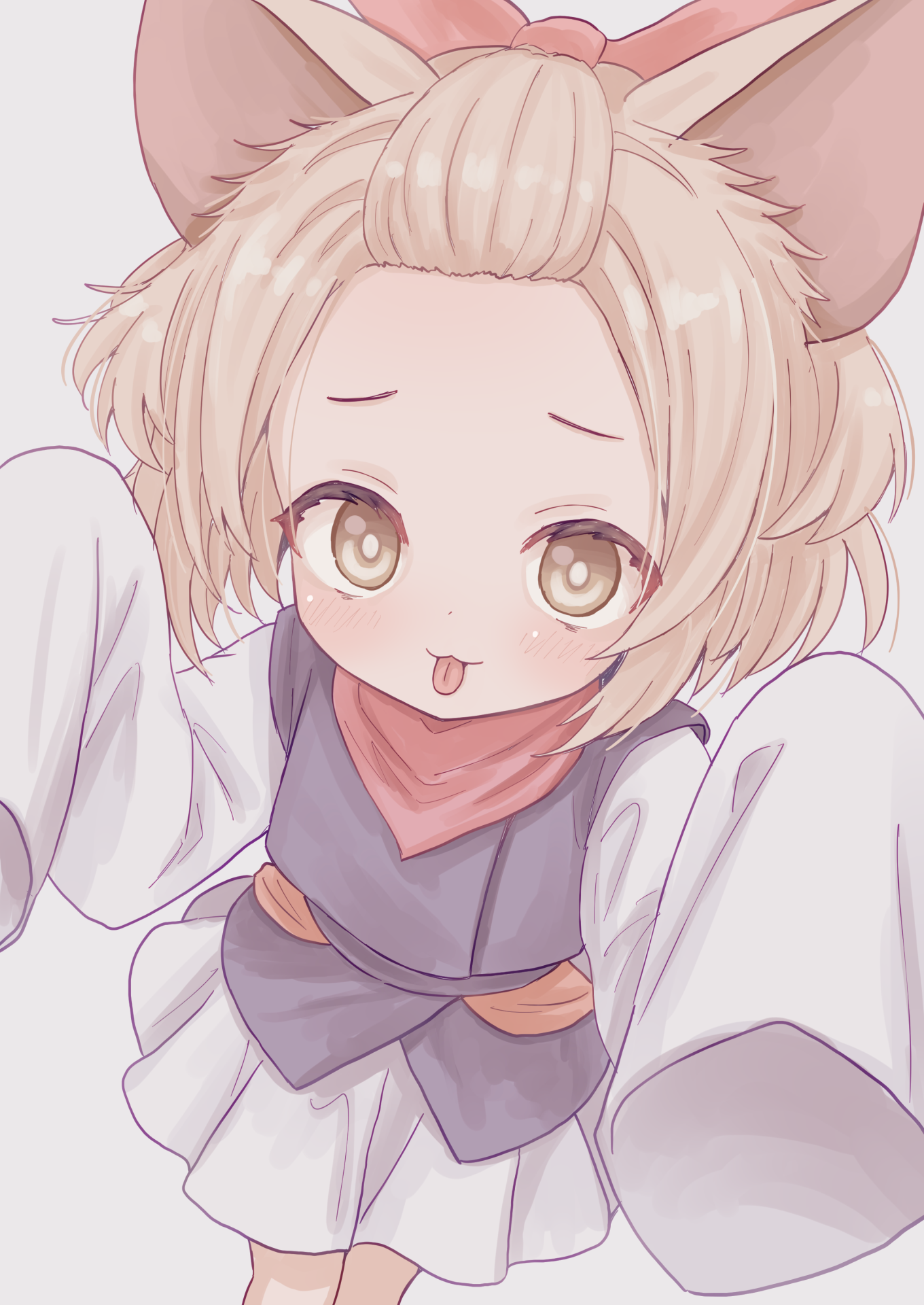 takatsurt, ash blossom & joyous spring, yu-gi-oh!, commentary request, highres, 1girl, animal ears, bare legs, blush, bow, brown eyes, brown hair, cherry blossoms, closed mouth, dog ears, dog girl, duel monster, feet out of frame, forehead, grey background, japanese clothes, long sleeves, looking at viewer, orange bow, short hair, simple background, skirt, sleeves past wrists, smile, solo, tail, thighs, tongue, tongue out, white skirt