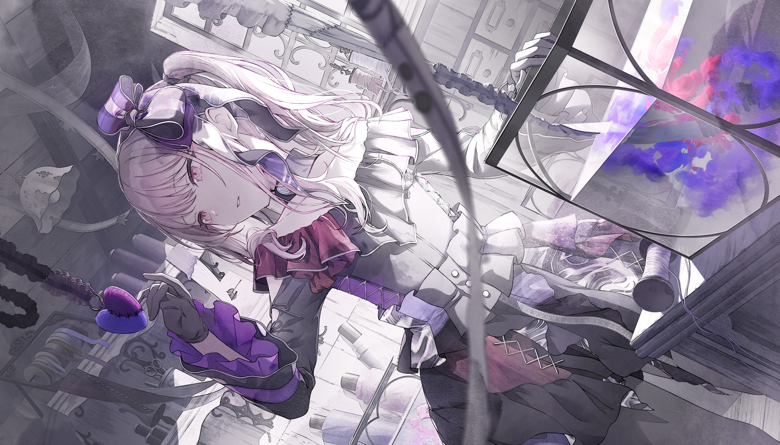 colorful palette, akiyama mizuki, project sekai, game cg, highres, official art, third-party source, 1other, black dress, bow, dress, dutch angle, hair bow, heart, muted color, official alternate costume, pink eyes, pink hair, side ponytail, solo, tomoshibi wo teguri yosete (project sekai)