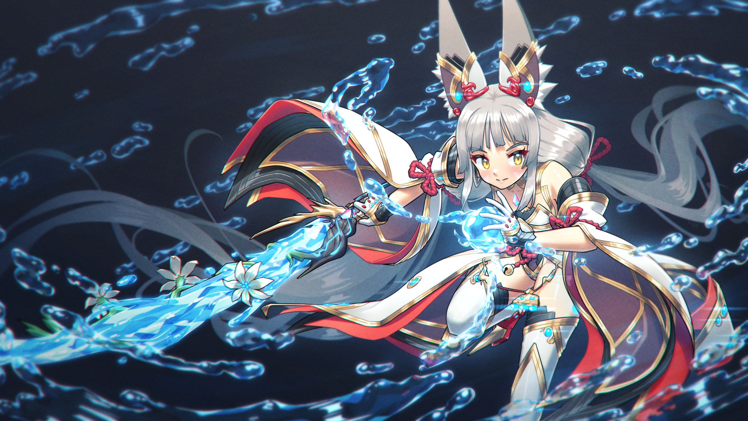 alten, nia (blade) (xenoblade), nia (xenoblade), xenoblade chronicles (series), xenoblade chronicles 2, commentary, english commentary, highres, 1girl, animal ears, bare shoulders, blunt bangs, cat ears, chest jewel, detached sleeves, facial mark, grey hair, highleg, highleg leotard, leotard, long hair, low twintails, solo, thighhighs, twintails, very long ears, very long hair, water, yellow eyes