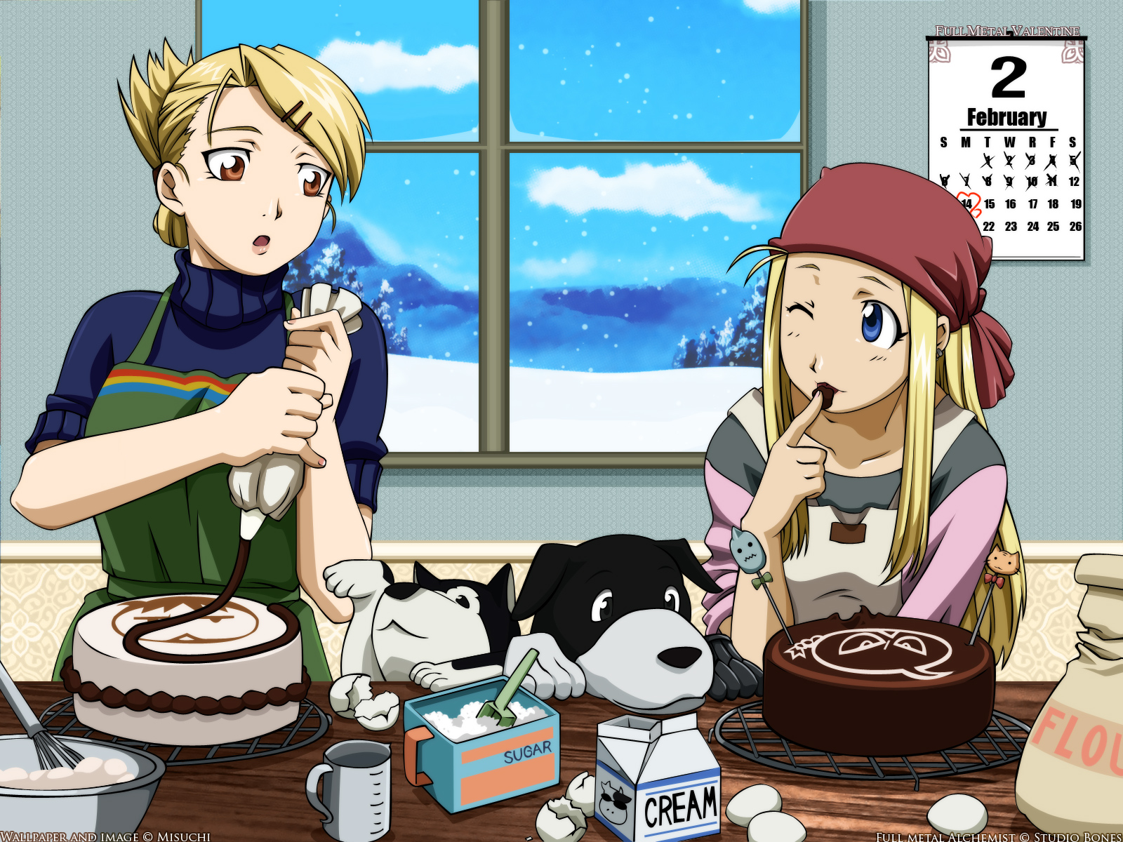 black hayate, den (fma), riza hawkeye, winry rockbell, fullmetal alchemist, highres, 00s, 2girls, bandana, blonde hair, blue eyes, brown eyes, cake, chocolate, cooking, dog, folded ponytail, food, hair ornament, hairclip, multiple girls, parallel hairclips, pastry, shiba inu, sleeves rolled up, snow