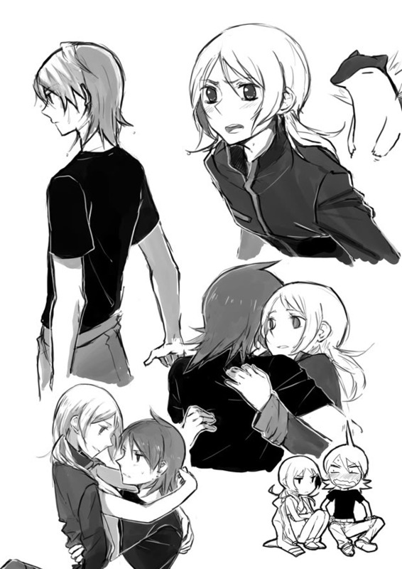 cezaria, lyra (pokemon), quilava, silver (pokemon), typhlosion, nintendo, pokemon, pokemon hgss, bad id, bad pixiv id, 00s, 1boy, 1girl, alternate costume, blush, couple, gen 2 pokemon, greyscale, hair down, hetero, hug, monochrome, naked shirt, no headwear, pokemon (creature), shirt, wet, wet hair