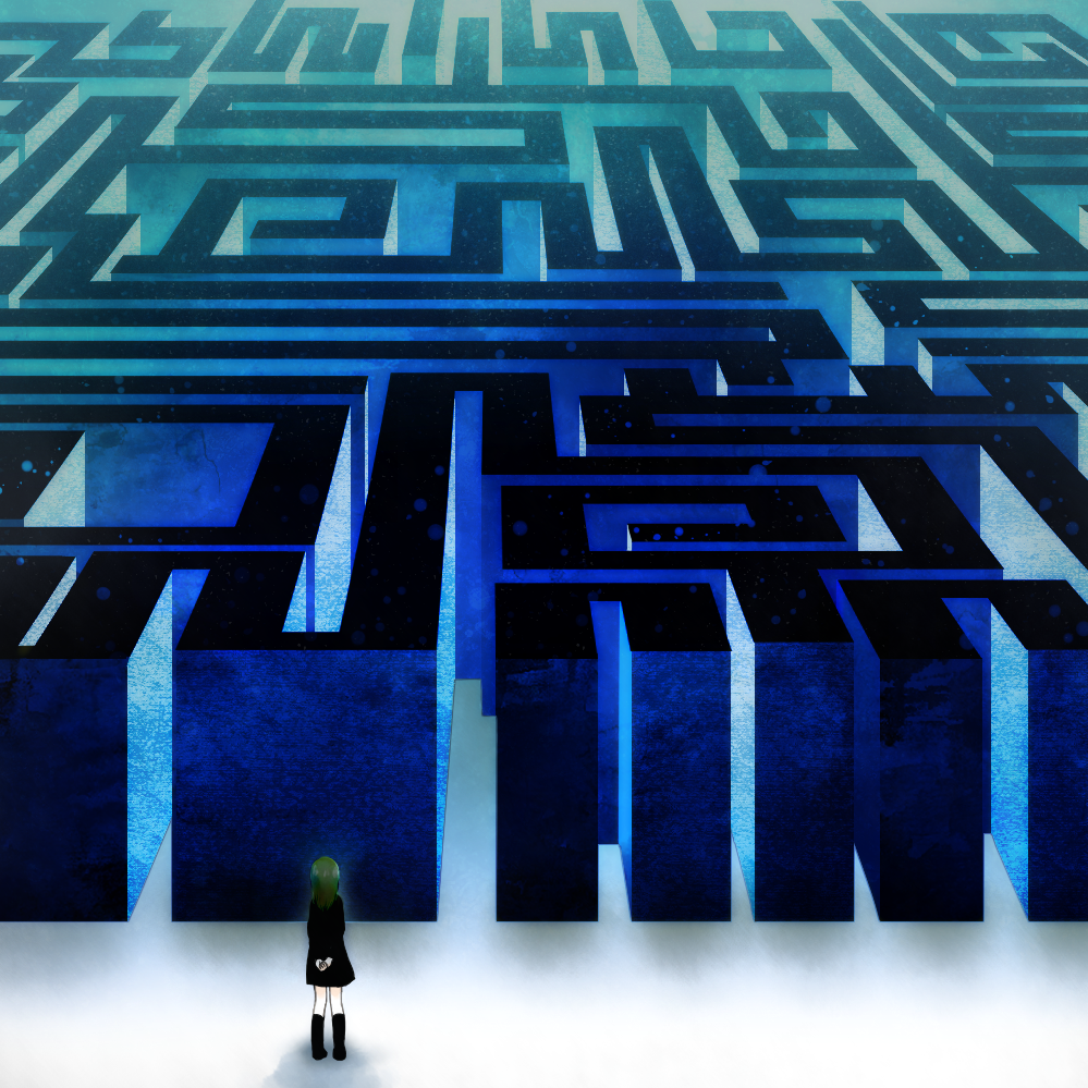 bone (stare), original, 1girl, arms behind back, brown hair, female focus, maze, solo