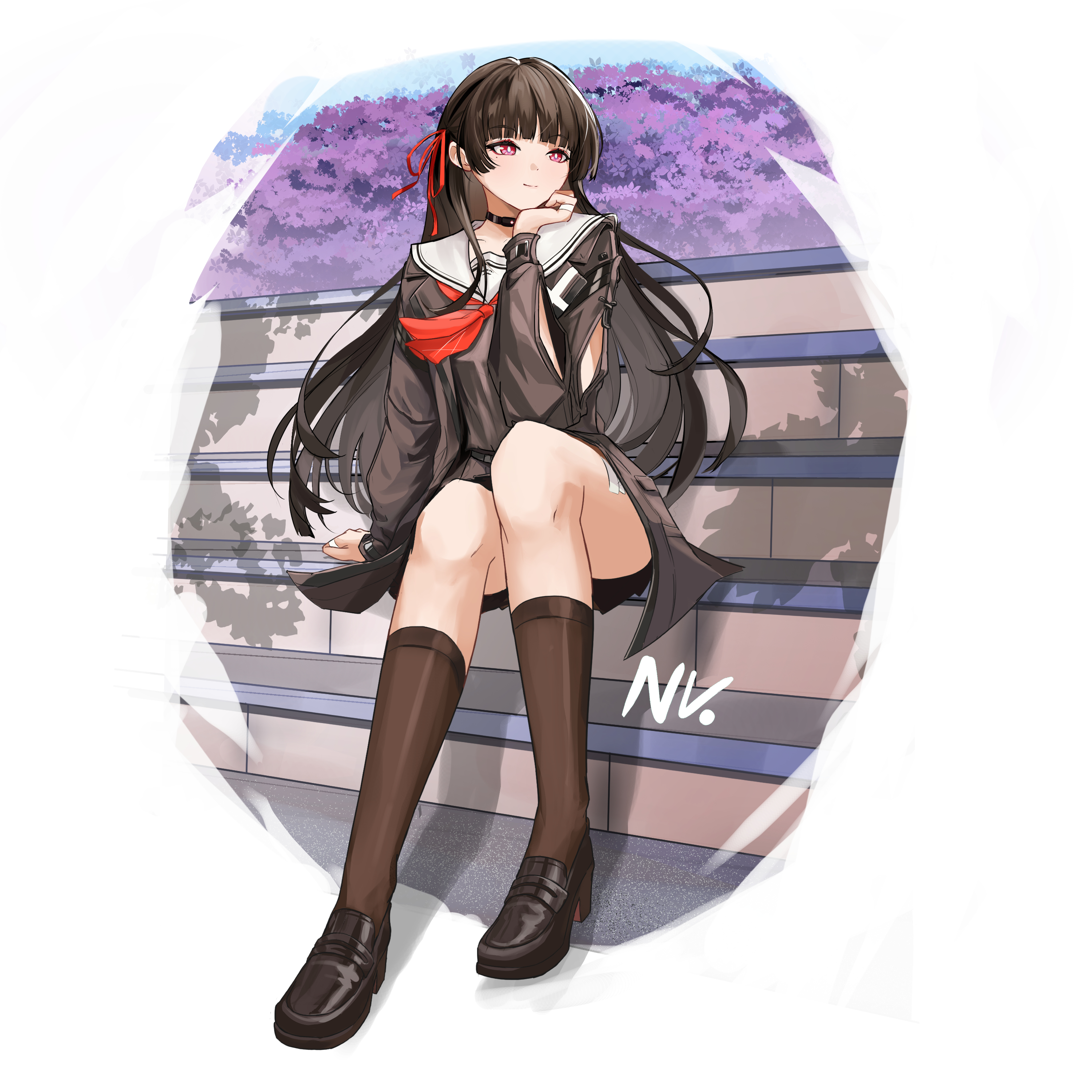 chisa (wuthering waves), wuthering waves, absurdres, commentary, english commentary, highres, black choker, black hair, black jacket, black socks, choker, closed mouth, hair ribbon, head on hand, jacket, loafers, long sleeves, naaa vuuu, on railing, railing, red eyes, red ribbon, ribbon, sailor collar, school uniform, serafuku, shoes, socks