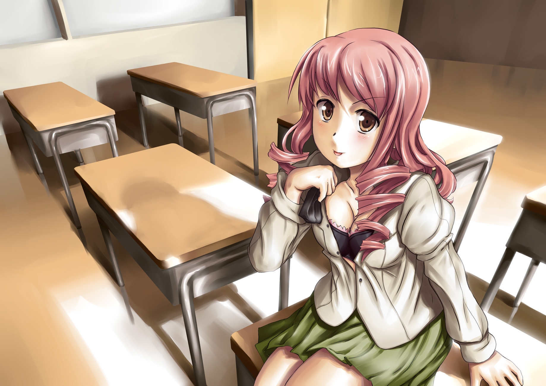 softmode, mikado shiina, katawa shoujo, highres, 10s, 1girl, :p, blush, bow, bowtie, breasts, brown eyes, classroom, cleavage, desk, drill hair, female focus, long hair, on desk, open clothes, open shirt, pink hair, puffy sleeves, school, school desk, school uniform, shirt, sitting, skirt, solo, tongue, tongue out, twin drills, twintails, unbuttoned, unworn bowtie, yellow eyes