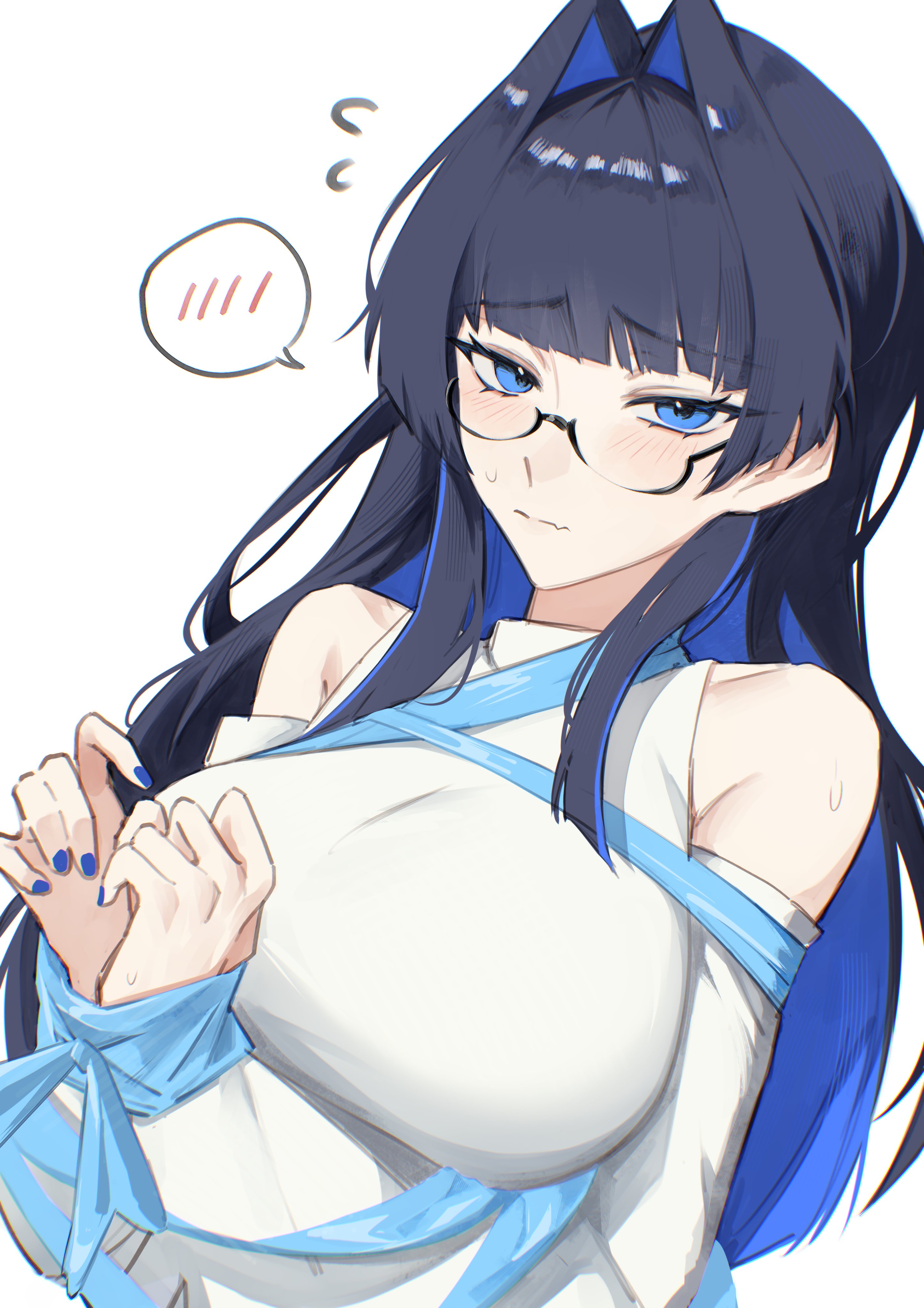hunk 404, ouro kronii, ouro kronii (casual), hololive, hololive english, absurdres, commentary, highres, symbol-only commentary, 1girl, blue eyes, blue hair, blue nails, blue ribbon, blush, bound, bound wrists, breasts, fang, glasses, large breasts, long hair, ribbon, shirt, skin fang, spoken blush, virtual youtuber, white background, white shirt