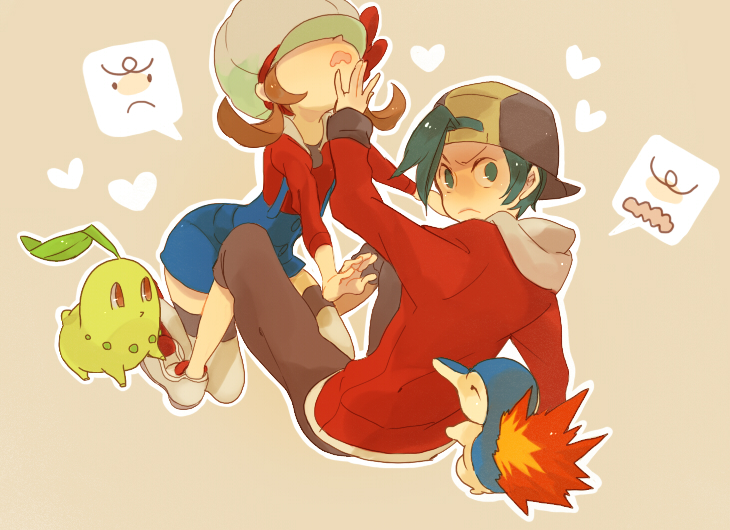 hagiko, chikorita, cyndaquil, ethan (pokemon), lyra (pokemon), nintendo, pokemon, pokemon hgss, bad id, bad pixiv id, 1boy, 1girl, alternate costume, back, capri pants, covered eyes, gameplay mechanics, gen 2 pokemon, hat, kneehighs, outline, pants, parody, pokemon (creature), simple background, sitting, socks, spoken expression, thighhighs, v-shaped eyebrows, wavy mouth, white hat, white outline, white socks