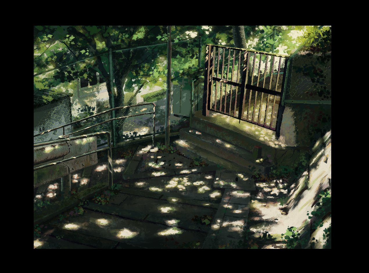 awoi (awoiro7), original, bench, chain-link fence, concrete, dappled sunlight, fence, green theme, hut, iron fence, no humans, railing, scenery, shadow, stairs, sunlight, tree
