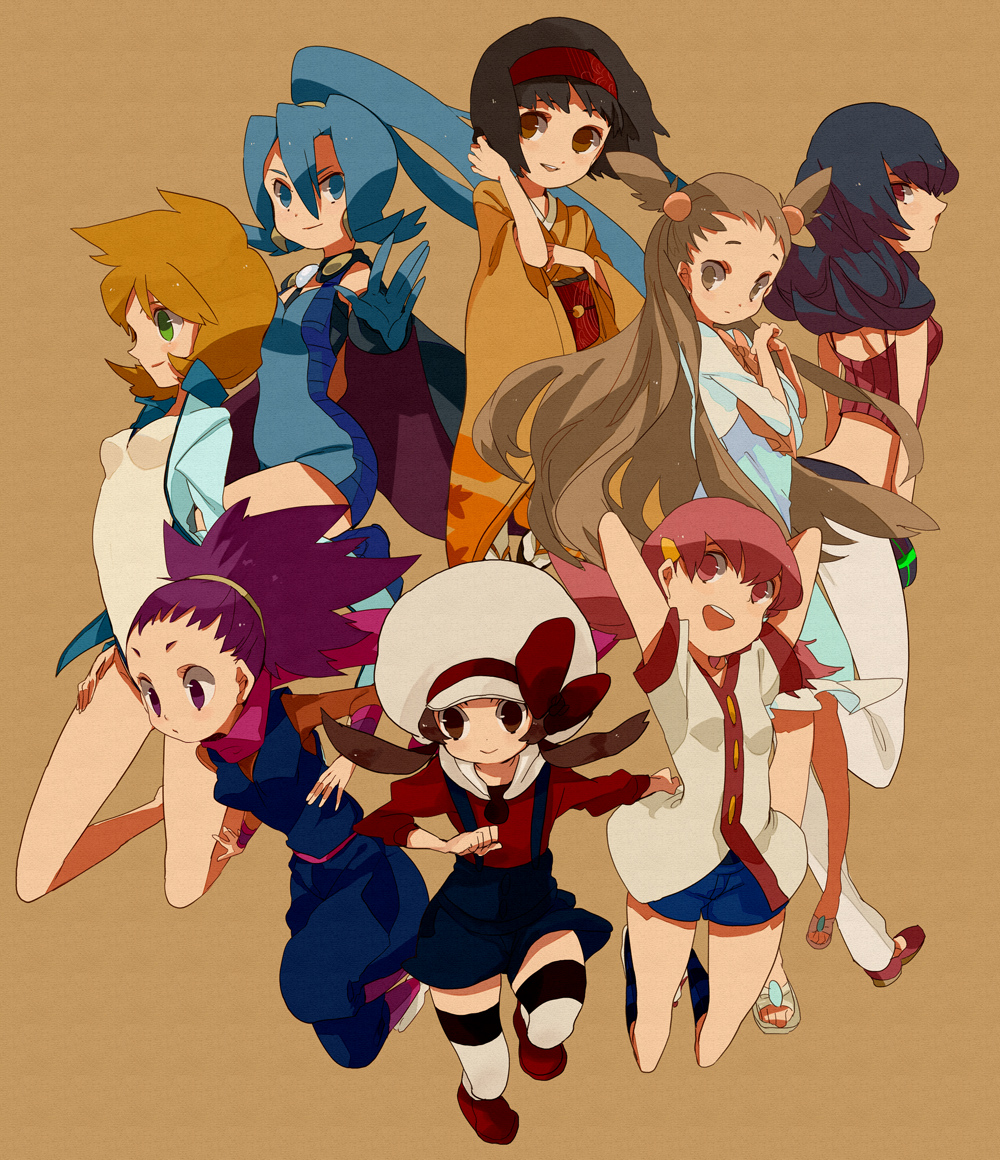hagiko, clair (pokemon), erika (pokemon), janine (pokemon), jasmine (pokemon), lyra (pokemon), misty (pokemon), sabrina (pokemon), whitney (pokemon), nintendo, pokemon, pokemon hgss, bad id, bad pixiv id, 00s, 6+girls, arms up, black hair, blonde hair, blue eyes, blue hair, blush, breasts, brown eyes, brown hair, competition swimsuit, dress, female focus, green eyes, gym leader, gym leaders, hair ornament, hairband, hat, japanese clothes, jewelry, kimono, long hair, medium breasts, multiple girls, ninja, one-piece swimsuit, open mouth, orange hair, pantyhose, pink eyes, pink hair, ponytail, purple eyes, purple hair, red eyes, ribbon, sandals, scarf, shoes, short hair, shorts, simple background, skirt, small breasts, smile, socks, swimsuit, tank top, thighhighs, twintails, two side up