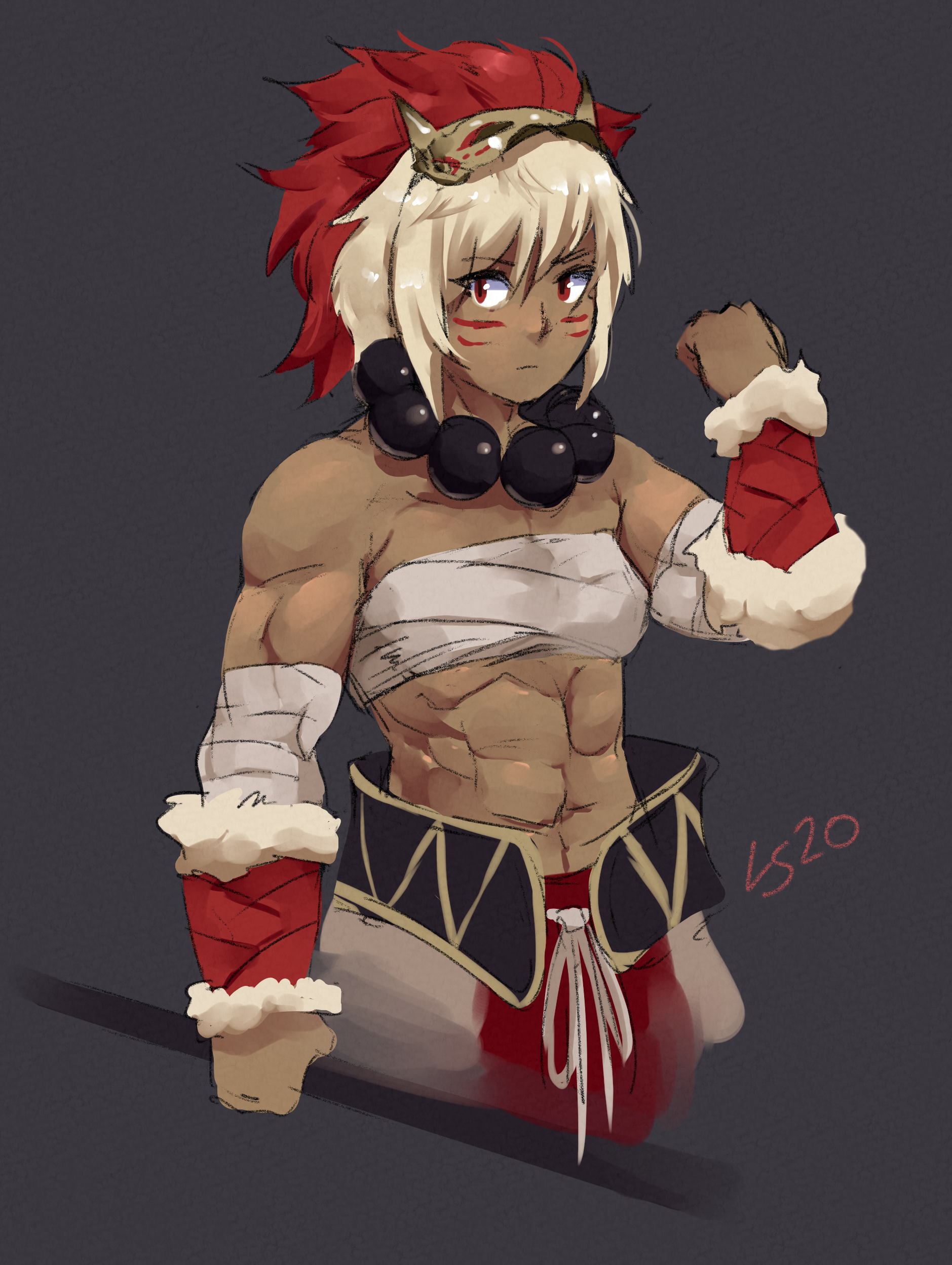 kaphrin, rinkah (fire emblem), fire emblem, fire emblem fates, nintendo, absurdres, commentary, highres, 1girl, bare shoulders, beads, biceps, black background, breasts, chest sarashi, dark-skinned female, dark skin, hand up, mask, mask on head, muscular, muscular female, prayer beads, red eyes, sarashi, small breasts, solo, stomach, white hair