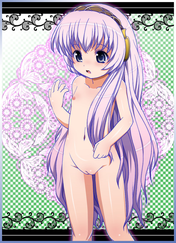 ryuu ryuu, megurine luka, vocaloid, 1girl, aged down, blue eyes, blush, cleft of venus, cowboy shot, female focus, flat chest, loli, long hair, nude, pink hair, pussy, solo, very long hair