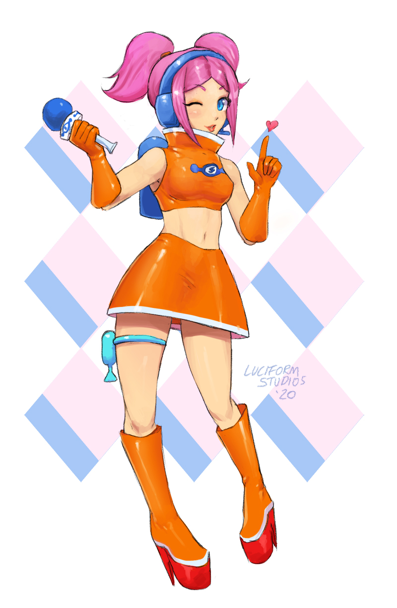kaphrin, ulala, space channel 5, commentary, english commentary, highres, 1girl, blue eyes, boots, crop top, cyber fashion, energy gun, gloves, headset, holding, holding microphone, microphone, midriff, orange boots, orange gloves, pink hair, ray gun, retrofuturism, twintails, weapon