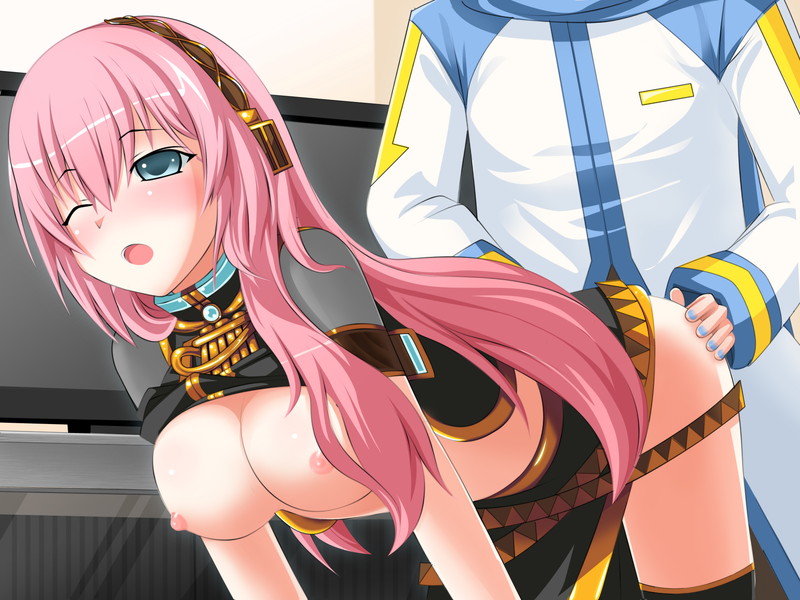 yakitori (oni), kaito (vocaloid), megurine luka, vocaloid, bad id, bad pixiv id, 1boy, 1girl, all fours, blue eyes, blush, breasts, clothed sex, doggystyle, hetero, large breasts, long hair, nipples, one eye closed, pink hair, sex, sex from behind, skirt, thighhighs, vaginal, wince, wink