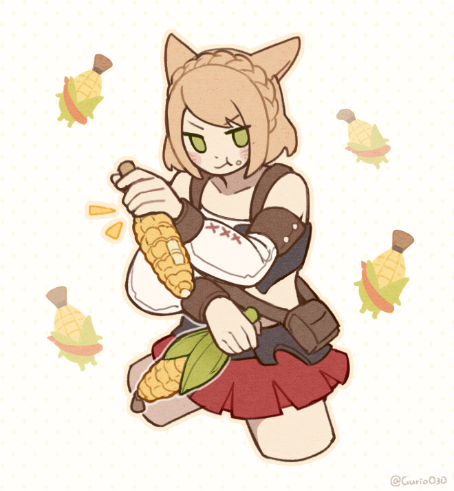 9yuki, ninja (final fantasy), the cornservant, warrior of light (ff14), final fantasy, final fantasy xiv, original, commentary, symbol-only commentary, 1girl, :t, animal ears, brown bag, brown hair, cat ears, cat girl, corn, cropped legs, detached sleeves, dual wielding, food, food on face, green eyes, holding, looking at viewer, miqo'te, orange outline, outline, red skirt, short hair, skirt, solid eyes, twitter username, white background