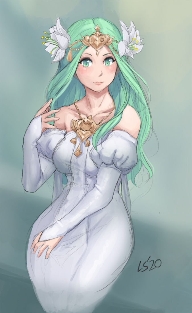 kaphrin, rhea (fire emblem), fire emblem, fire emblem: three houses, nintendo, commentary, english commentary, 1girl, bare shoulders, breasts, closed mouth, collarbone, dress, flower, green eyes, green hair, hair flower, hair ornament, large breasts, long hair, medium breasts, solo, white dress, wide hips