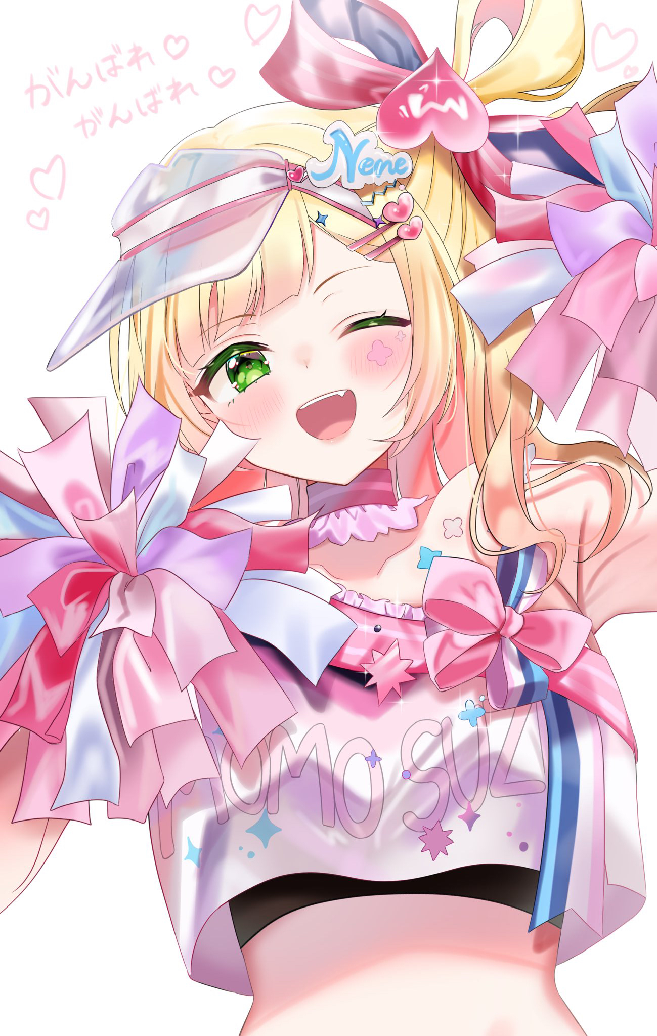hosimiya yume, momosuzu nene, momosuzu nene (cheerleader), hololive, commentary request, highres, 1girl, blonde hair, blush, character name, clothes writing, cropped shirt, green eyes, hair ornament, hairpin, heart, heart hair ornament, holding, holding pom poms, looking at viewer, one eye closed, pom pom (cheerleading), pom poms, shirt, smile, solo, teeth, upper teeth only, virtual youtuber, white shirt