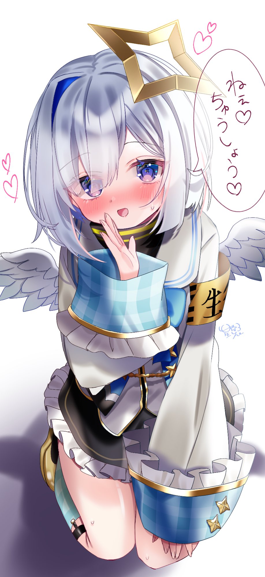 hosimiya yume, amane kanata, amane kanata (1st costume), hololive, commentary request, highres, 1girl, angel, angel wings, armband, black dress, blue hair, blush, dress, grey hair, hair intakes, halo, heart, jacket, looking at viewer, open mouth, purple eyes, shadow, solo, star halo, turtleneck, turtleneck dress, virtual youtuber, white background, white jacket, wings, yellow armband