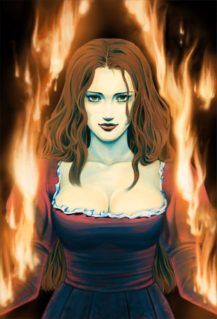 sonou, eve (parasite eve), melissa pearce, parasite eve (series), parasite eve i, lowres, 1girl, breasts, brown hair, cleavage, dress, female focus, fire, large breasts, long hair, solo