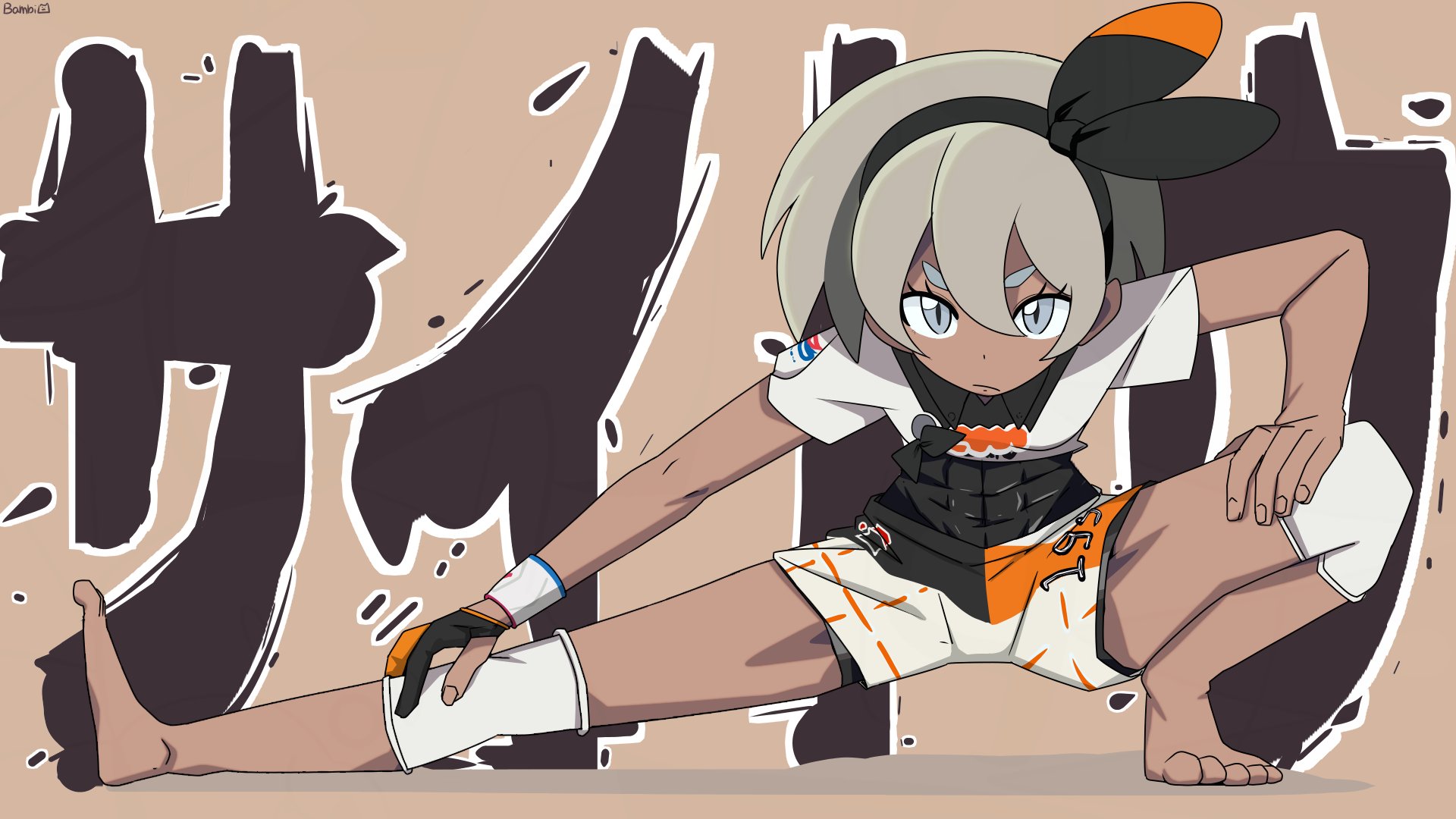 bambi2000line, bea (pokemon), nintendo, pokemon, pokemon swsh, commentary, highres, 1girl, artist name, black unitard, character name, covered abs, dark-skinned female, dark skin, exercising, full body, gloves, grey eyes, grey hair, hairband, looking at viewer, partially fingerless gloves, short hair, single glove, solo, stretching, toned, toned female, v-shaped eyebrows