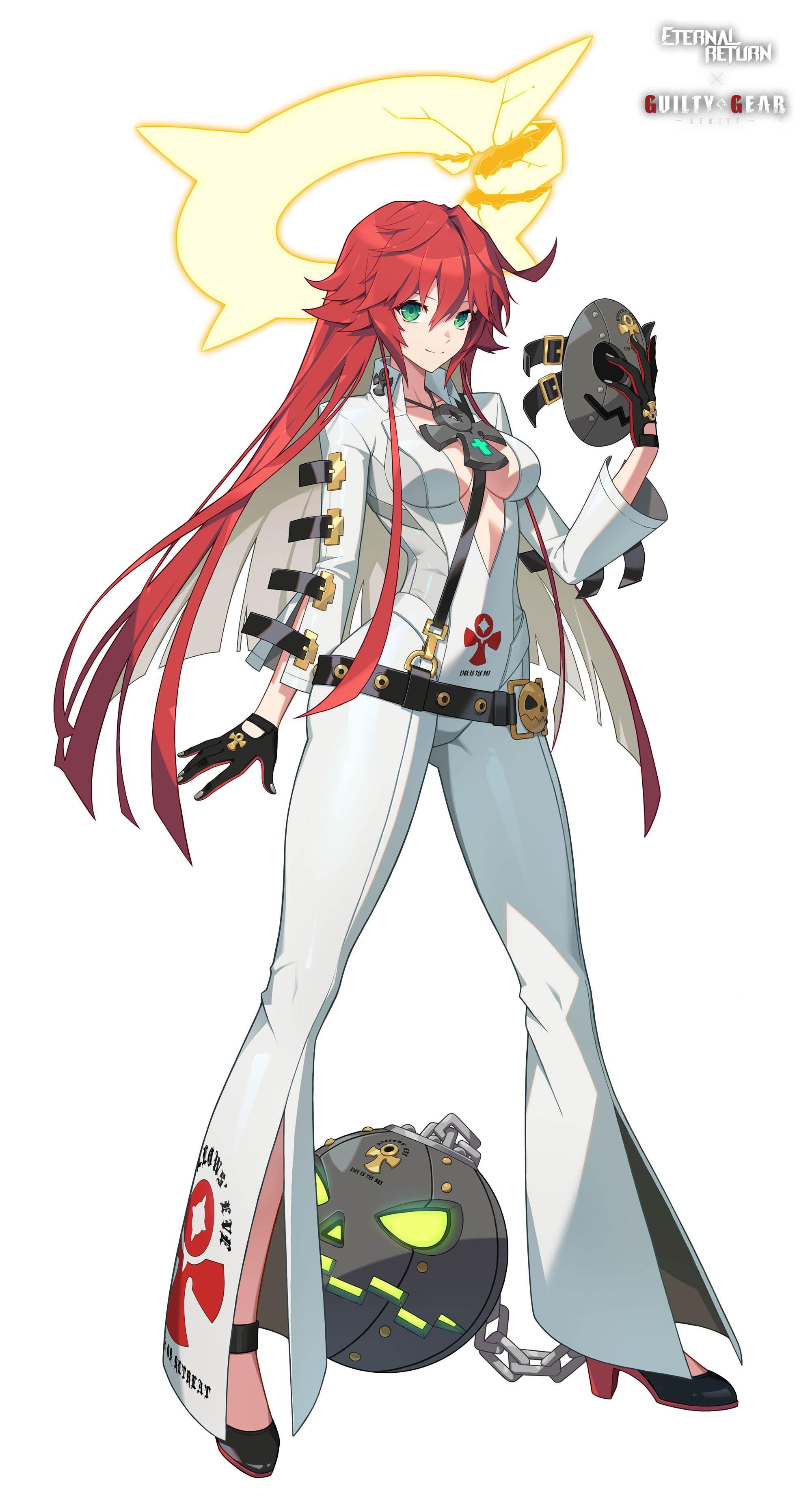 ddollydonut, li dailin, black survival, eternal return: black survival, guilty gear, guilty gear strive, absurdres, commentary request, highres, korean commentary, official art, 1girl, black gloves, black shoes, bodysuit, breasts, colored inner hair, copyright name, cross, cross necklace, double-parted bangs, full body, gloves, green eyes, grey hair, hair between eyes, halo, hand up, holding, holding mask, jewelry, large breasts, large cross, li dailin (jack-o' dailin), light smile, long hair, long sleeves, mask, multicolored hair, multicolored shoes, necklace, official alternate costume, red shoes, shoes, simple background, solo, standing, tachi-e, two-tone hair, two-tone shoes, unworn mask, white background, white bodysuit, yellow halo