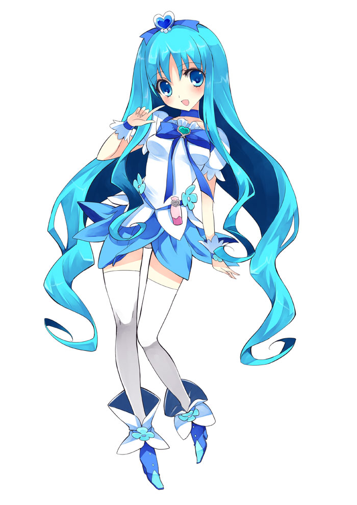 yukiwo, cure marine, kurumi erika, heartcatch precure!, precure, bad id, bad pixiv id, 10s, 1girl, blue eyes, blue hair, blue skirt, blue theme, brooch, female focus, hair ornament, heart, heart brooch, jewelry, legs, long hair, magical girl, matching hair/eyes, skirt, solo, thighhighs, white background