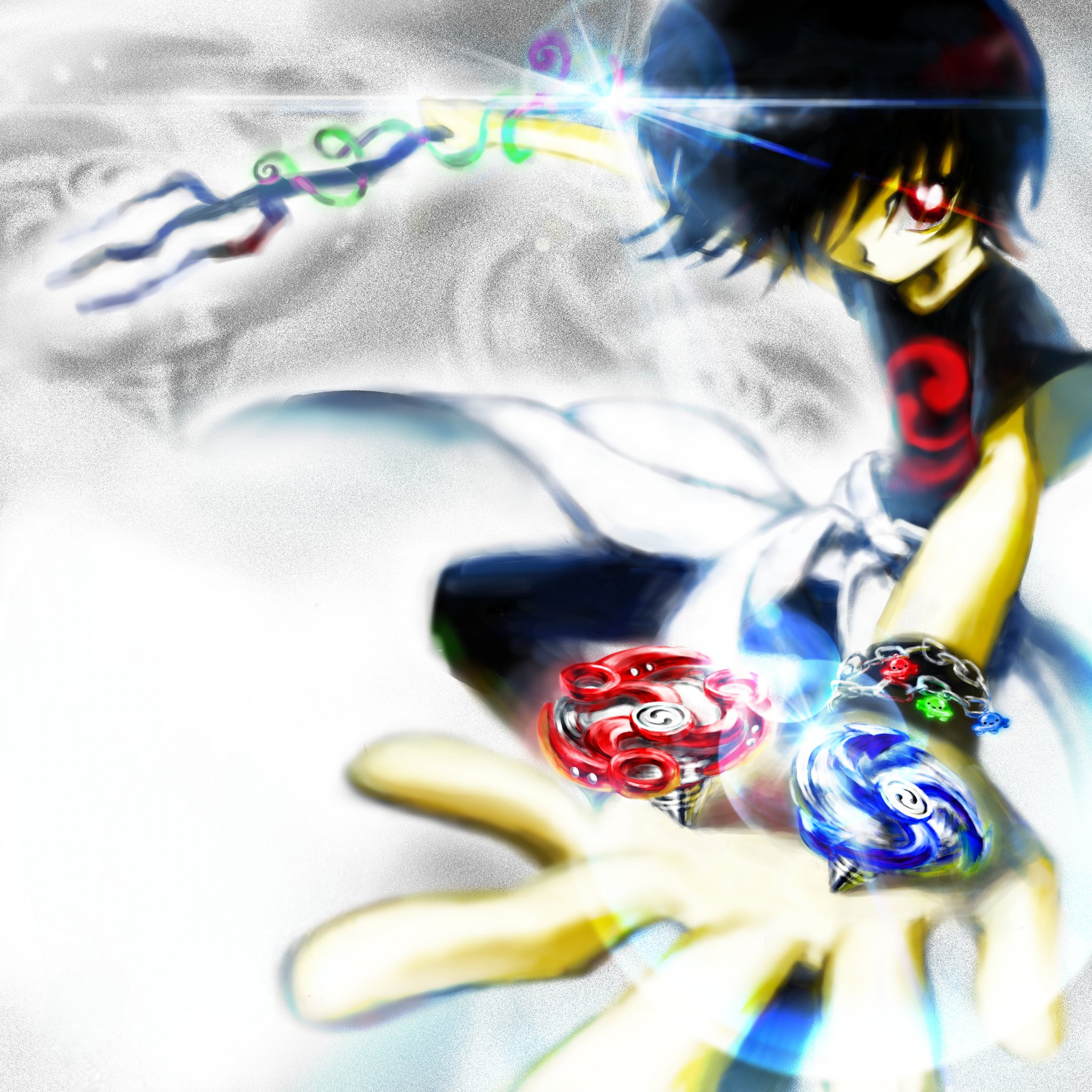 houjuu nue, beyblade, touhou, highres, 1girl, acid graphics, armband, black dress, black eyes, black hair, black thighhighs, cape, chain, chain bracelet, dress, fabit609, hair over one eye, holding, holding polearm, holding weapon, lens flare, looking at viewer, no mouth, nue, polearm, reaching, reaching towards viewer, short hair, short sleeves, solo, sparkling eyes, thighhighs, ufo, waist cape, weapon, white cape