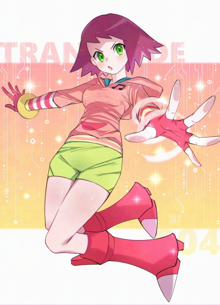 sakuraba (cerisier x), sonia strumm (mega man), mega man (series), mega man star force (series), commentary request, 1girl, :o, blush, boots, breasts, fingerless gloves, floating, full body, gloves, green eyes, green shorts, hood, hood down, hoodie, looking at viewer, open mouth, pink boots, pink hoodie, red hair, short hair, short shorts, shorts, solo