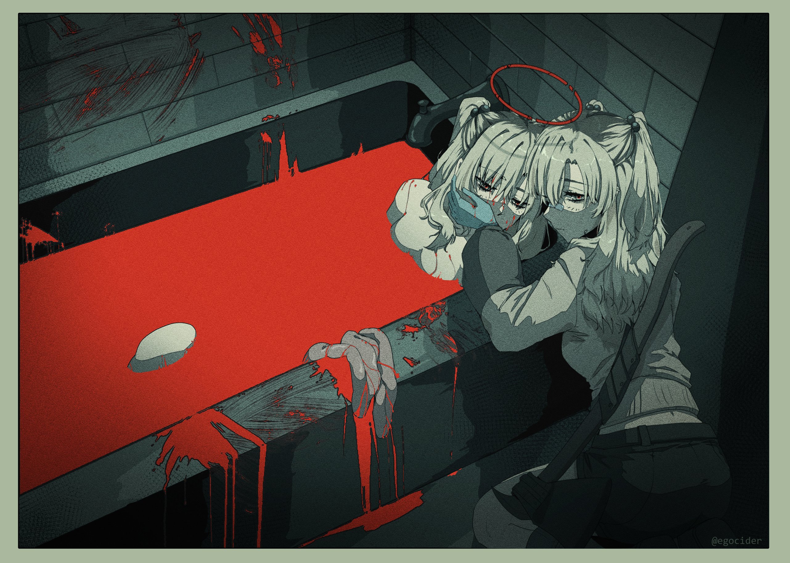 juniper (artist), original, commentary, english commentary, highres, 2girls, bathtub, blood, blood on clothes, blood on face, blue gloves, feet out of frame, gloves, halo, hand on another's face, indoors, intestines, knees up, looking at another, looking back, midriff, multiple girls, organs, partially submerged, pool of blood, seiza, sheath, short hair, sidelocks, sitting, spot color, tile wall, tiles, two side up