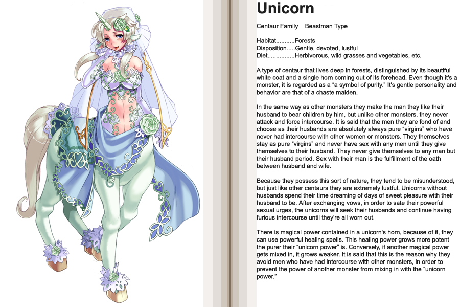kenkou cross, unicorn (monster girl encyclopedia), monster girl encyclopedia, hard-translated, official art, third-party edit, translated, 1girl, animal ears, blue eyes, bridal gauntlets, bridal veil, centaur, character profile, dress, elbow gloves, english text, female focus, flower, gloves, hooves, horns, horse ears, monster girl, revealing clothes, single horn, solo, tail, taur, unicorn, unicorn girl, veil, wedding dress, wrap