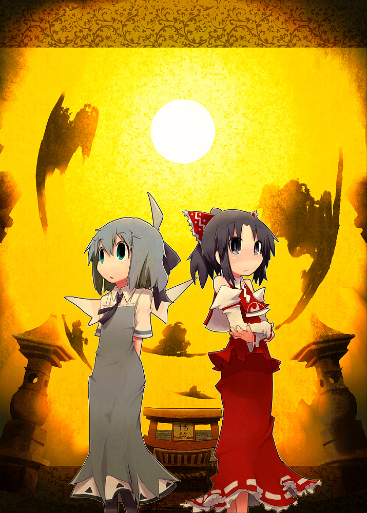 kamonari ahiru, cirno, hakurei reimu, embodiment of scarlet devil, touhou, 2girls, adapted costume, alternate costume, fisheye, multiple girls, torii