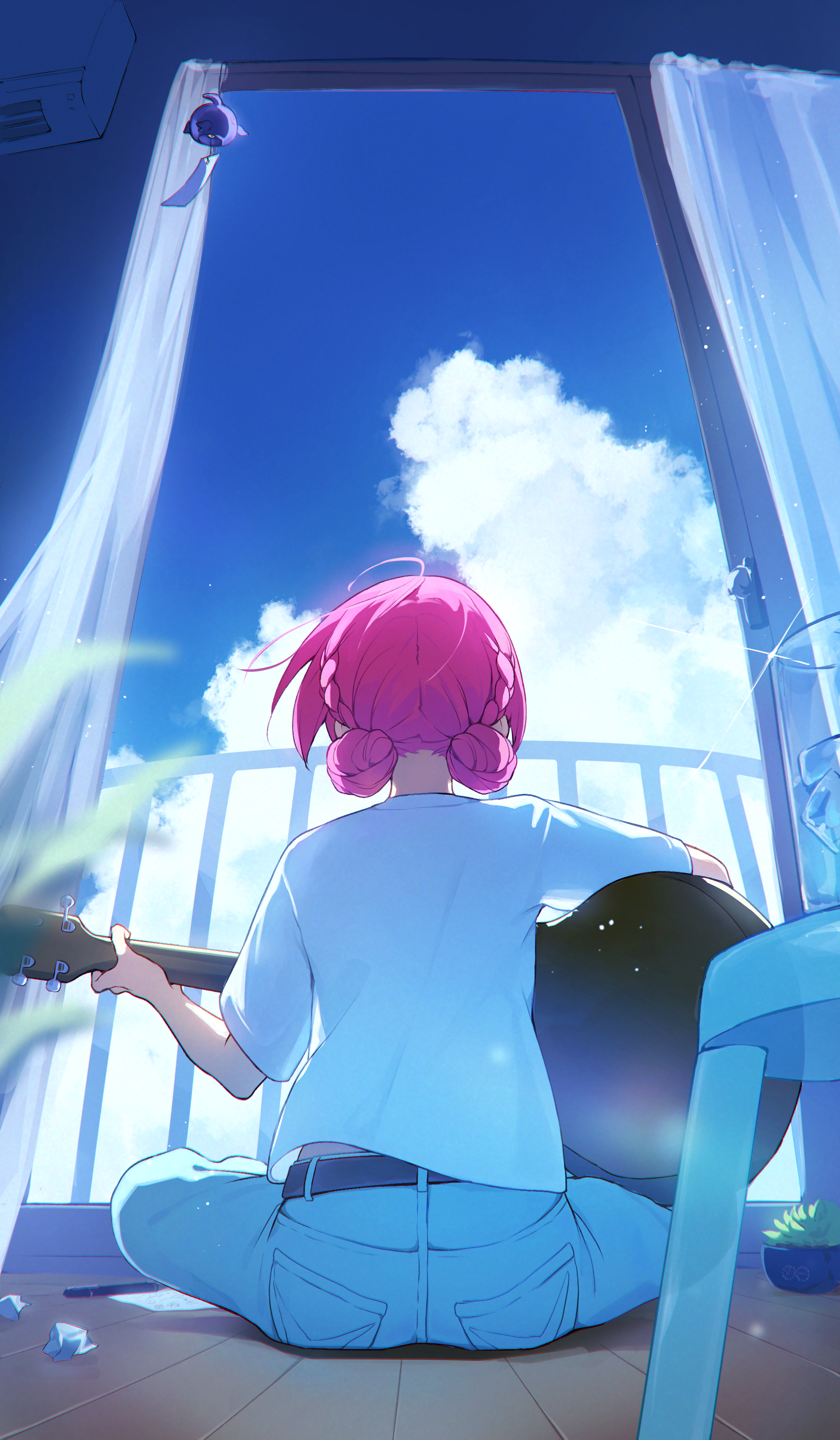 memori (egachachachan), kaf (kamitsubaki studio), kamitsubaki studio, absurdres, commentary request, highres, 1girl, air conditioner, blue pants, blue sky, braid, chair, cloud, cloudy sky, crumpled paper, curtains, double bun, facing away, from behind, glass, guitar, hair bun, holding, holding guitar, holding instrument, ice, ice cube, indoors, instrument, music, on floor, open door, pants, paper, pen, pink hair, plant, playing instrument, potted plant, railing, shirt, short hair, short sleeves, sitting, sky, solo, t-shirt, virtual youtuber, white shirt