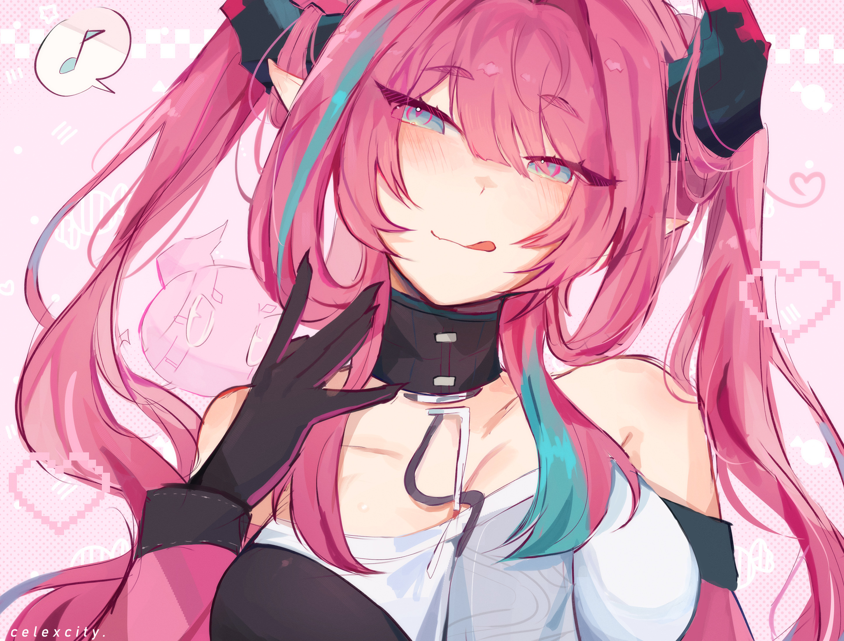 celexcity, yvonne (arknights), arknights, arknights: endfield, highres, 1girl, :q, artist name, bare shoulders, black choker, black gloves, choker, gloves, grey eyes, head tilt, long hair, musical note, pink background, pink hair, smile, solo, spoken musical note, tongue, tongue out, upper body