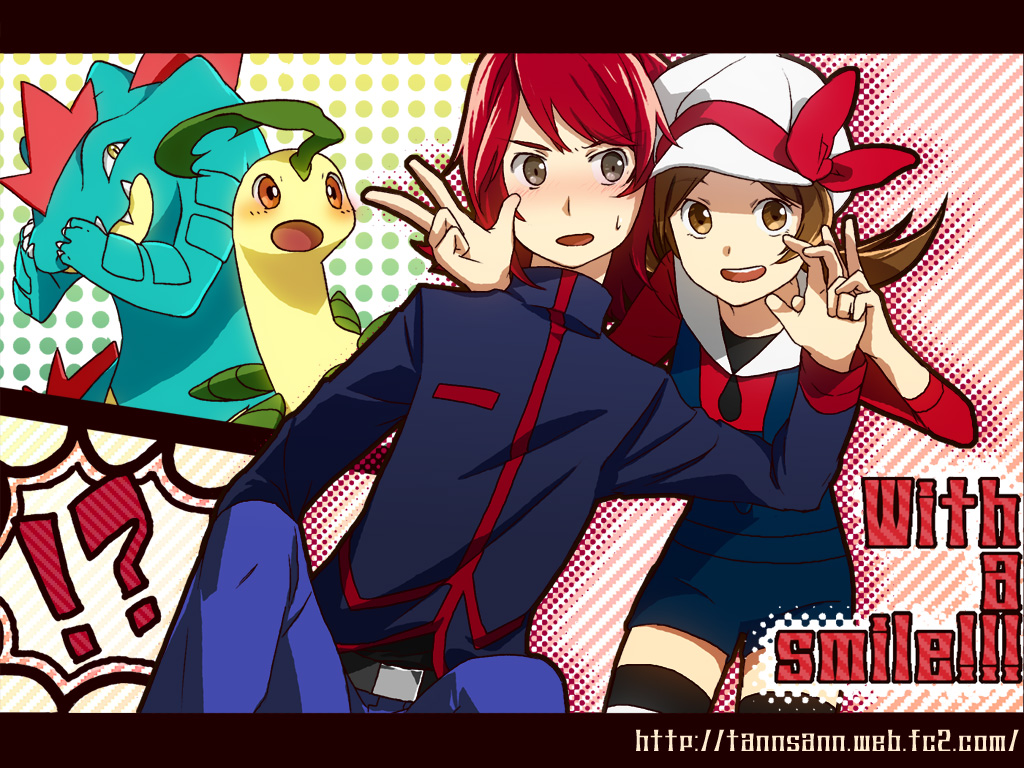 abe (f!mixture), bayleef, feraligatr, lyra (pokemon), silver (pokemon), nintendo, pokemon, pokemon hgss, bad id, bad pixiv id, !?, 00s, 1boy, 1girl, :d, alternate costume, blush, brown eyes, brown hair, english text, gen 2 pokemon, hat, hat ribbon, open mouth, pokemon (creature), red eyes, red hair, red ribbon, ribbon, smile, watermark, web address