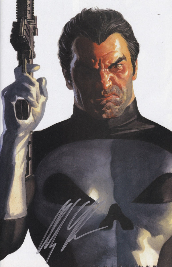 alex ross, the punisher (character), marvel, the punisher (series), comic cover, official art, 1boy, black bodysuit, black hair, bodysuit, brown eyes, cover, cover page, facial hair, frown, gloves, grey facial hair, gun, holding, holding gun, holding weapon, looking at viewer, male focus, mature male, one eye in shadow, realistic, short hair, signature, skull, solo, stubble, upper body, weapon, western comics (style), white background, white gloves, widow's peak