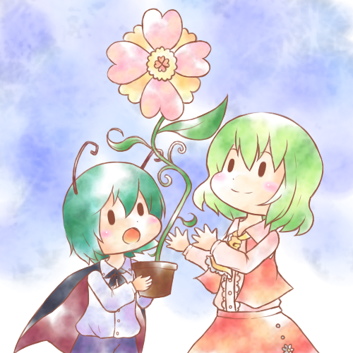 kuzugitsune (inarikami), kazami yuuka, wriggle nightbug, touhou, bad id, bad pixiv id, lowres, 2girls, :o, ascot, blush, cape, chibi, female focus, flower, flower pot, green hair, heart, multiple girls, plant, potted plant, short hair, skirt, skirt set, smile, solid circle eyes, vest