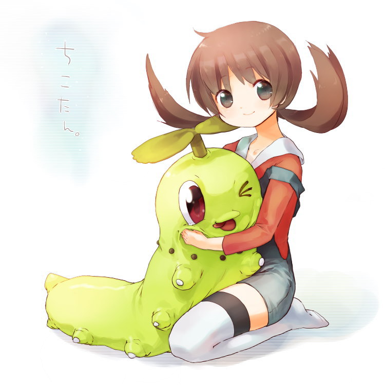 fuchsia, chikorita, lyra (pokemon), nintendo, pokemon, pokemon hgss, > o, 00s, 1girl, :p, gen 2 pokemon, one eye closed, pokemon (creature), sitting, thighhighs, tongue, tongue out, twintails, white thighhighs, wink