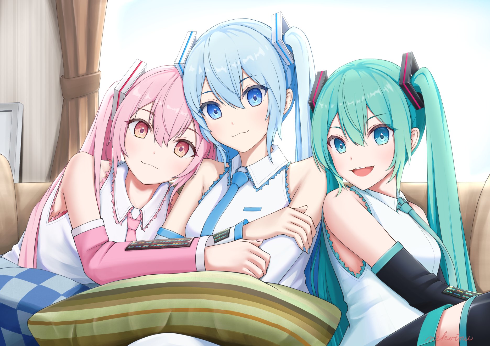 nekoinu bamboo, hatsune miku, sakura miku, yuki miku, yuki miku (2010), vocaloid, commentary request, highres, 3girls, aqua eyes, aqua hair, aqua nails, aqua necktie, aqua trim, black skirt, black sleeves, blue eyes, blue hair, blue necktie, blue trim, blush, closed mouth, collared shirt, hair ornament, indoors, long hair, looking at viewer, multiple girls, multiple persona, necktie, open mouth, pink eyes, pink hair, pink necktie, pink sleeves, pink trim, shirt, skirt, sleeveless, smile, twintails, very long hair, white shirt, wide sleeves