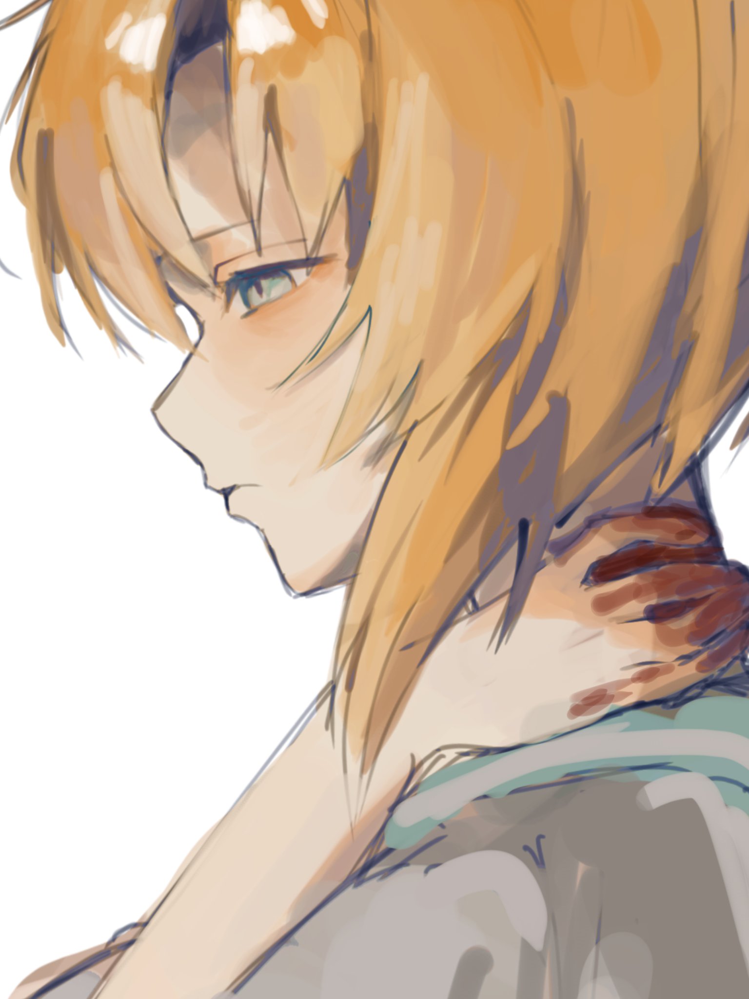 ryuuguu rena, higurashi no naku koro ni, commentary, highres, 1girl, aqua sailor collar, blood, blue eyes, closed mouth, orange hair, rei 0 000, sad, sailor collar, school uniform, short hair, simple background, solo