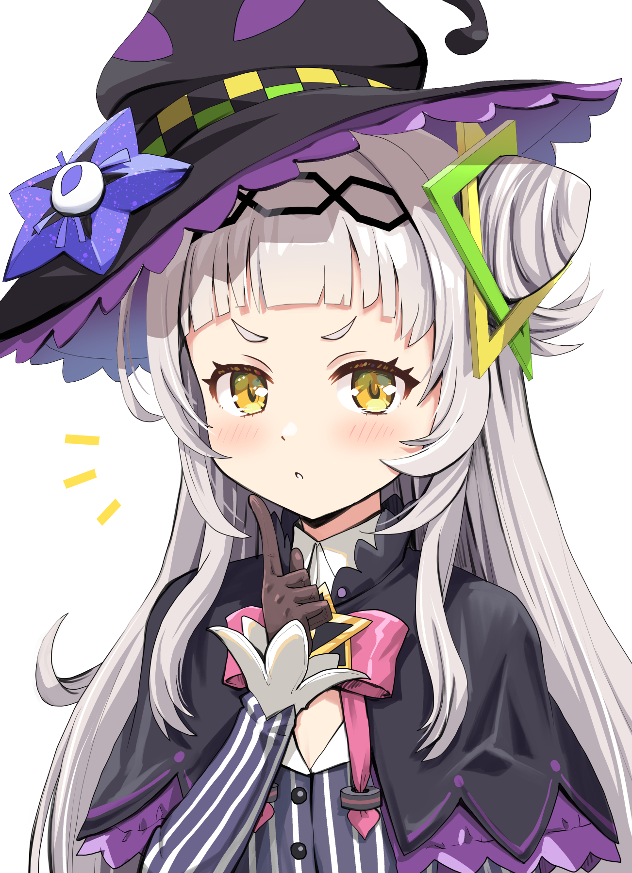 haniwa (leaf garden), murasaki shion, murasaki shion (1st costume), hololive, commentary request, highres, 1girl, arched bangs, black capelet, black gloves, black hat, blush, bow, bowtie, brooch, capelet, cone hair bun, finger to own chin, gloves, grey hair, grey shirt, hair bun, hairband, hat, hexagram hair ornament, index finger raised, jewelry, layered capelet, long hair, long sidelocks, long sleeves, looking at viewer, notice lines, pink bow, pink bowtie, purple capelet, shirt, short eyebrows, side up bun, sidelocks, simple background, single side bun, solo, star brooch, striped clothes, striped shirt, surprised, tilted headwear, upper body, v-shaped eyebrows, vertical-striped clothes, vertical-striped shirt, virtual youtuber, white background, witch, witch hat