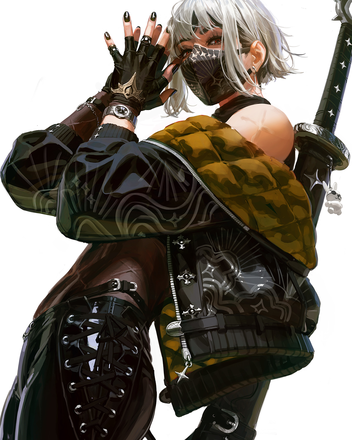 guweiz, original, commentary, highres, symbol-only commentary, belt, black hair, black jacket, black mask, black nails, black pants, black shirt, bodystocking, charm (object), cowboy shot, cross, cross-laced slit, cross scar, earrings, fingerless gloves, from side, gloves, hands up, inverted cross, jacket, jewelry, leather, leather pants, looking at viewer, mask, multicolored hair, off shoulder, padding, pants, patterned clothing, red eyes, scar, scar on shoulder, shirt, short hair, sidelocks, sleeveless, sleeveless shirt, star (symbol), stuffed animal, stuffed rabbit, stuffed toy, sword, sword on back, two-tone hair, watch, weapon, weapon on back, white background, white hair, zipper