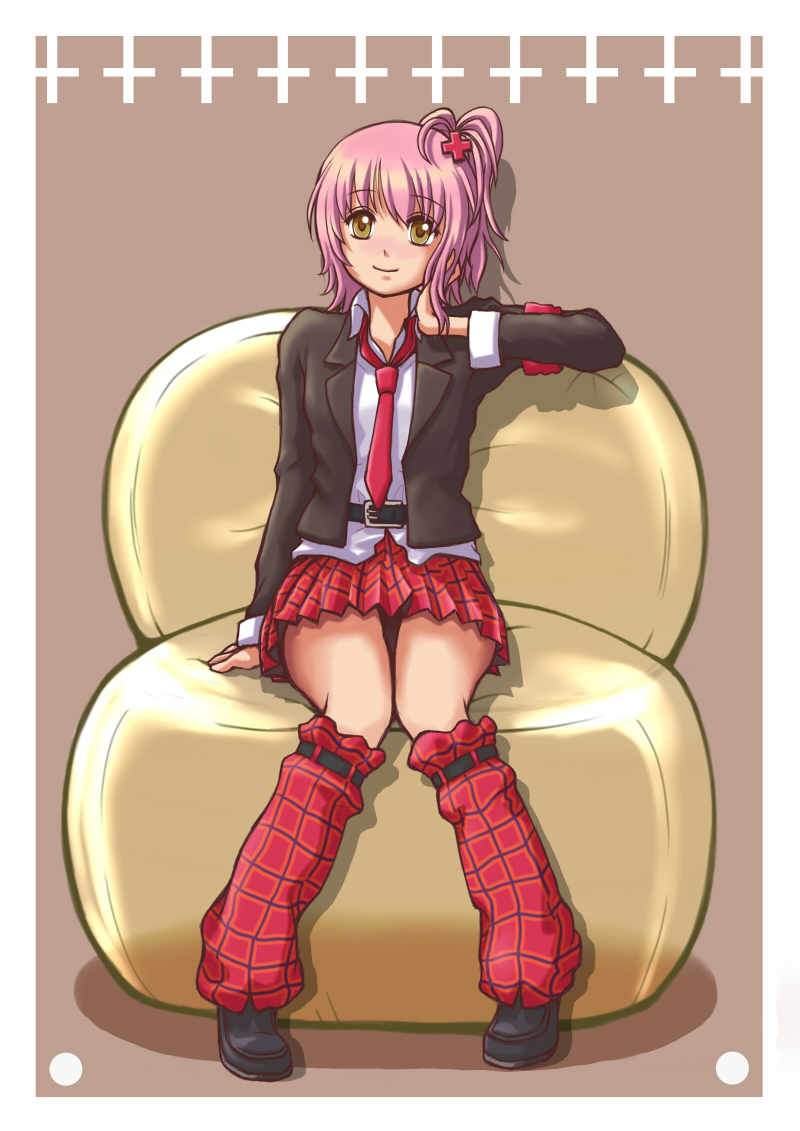 keigu, hinamori amu, shugo chara!, leg warmers, pink hair, school uniform, short hair, sitting, smile, solo, yellow eyes