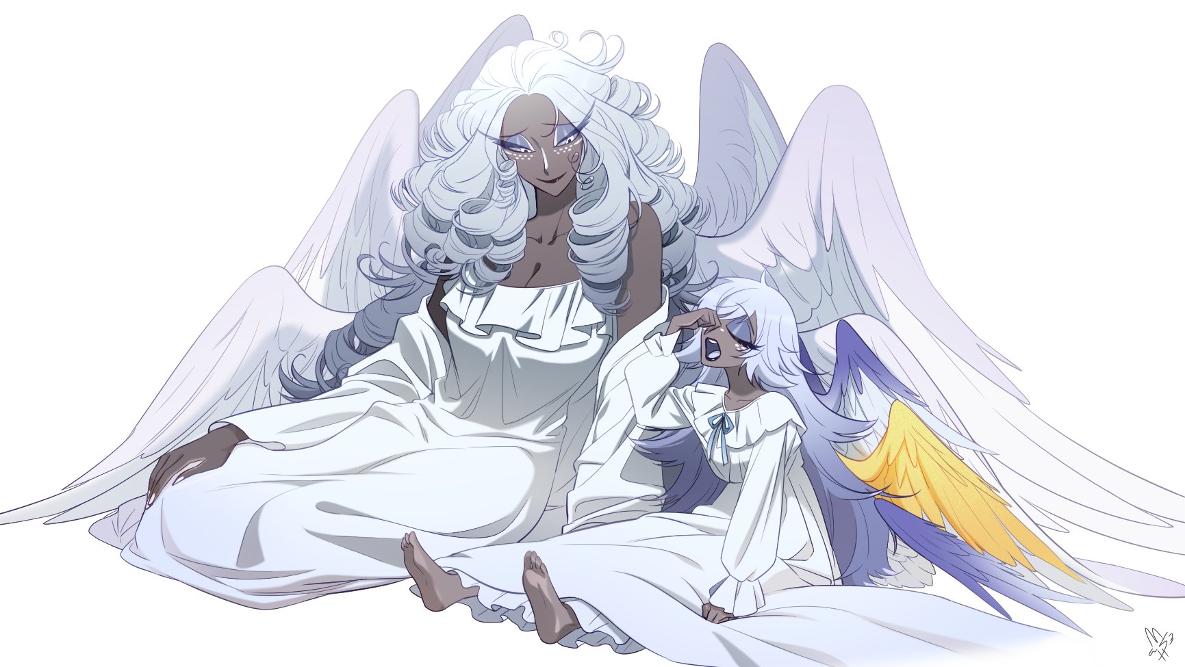 emily (hazbin hotel), sera (hazbin hotel), hazbin hotel, hellaverse, commentary request, highres, korean commentary, 2girls, angel, angel wings, barefoot, black lips, breasts, cleavage, closed eyes, colored sclera, colored skin, dark-skinned female, dark skin, drill hair, eyeshadow, feathered wings, freckles, golden wings, grey sclera, grey skin, huge breasts, long eyelashes, long hair, looking at another, makeup, messy hair, multiple girls, multiple wings, nallali nal, nightgown, open mouth, prosthetic wing, siblings, sisters, sitting, smile, tall female, under covers, very long hair, waking up, white eyes, white nightgown, wings, yawning