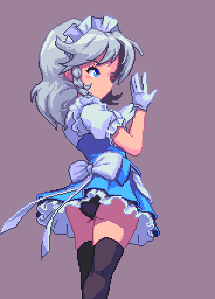potemki11, izayoi sakuya, touhou, commentary, english commentary, 1girl, apron, ass, black panties, black thighhighs, blue eyes, blue skirt, blue vest, braid, braided sidelocks, closed mouth, clothes lift, frilled skirt, frills, from side, gloves, grey background, grey eyes, maid apron, maid headdress, medium hair, panties, pantyshot, pixel art, puffy short sleeves, puffy sleeves, shirt, short sleeves, simple background, skirt, skirt lift, solo, swept bangs, thighhighs, underwear, vest, white apron, white gloves, white shirt