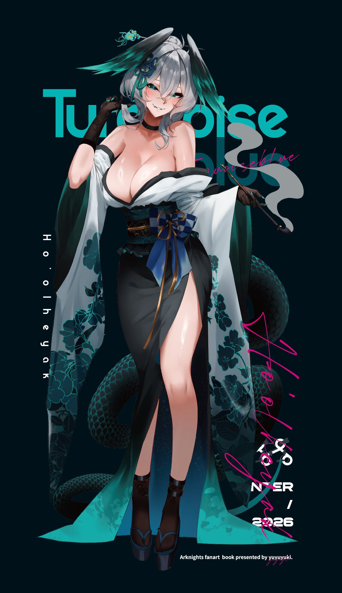 yuki (yuki yu owo), ho'olheyak (arknights), arknights, chinese commentary, commentary request, highres, 1girl, 2026, aqua eyes, aqua kimono, aqua nails, aqua wings, artist name, bare shoulders, black background, black choker, black gloves, black kimono, black socks, black wings, blush, breasts, character name, choker, cleavage, collarbone, elbow gloves, floral print, full body, gloves, gradient clothes, gradient kimono, grey hair, hair between eyes, hair over shoulder, hand up, head wings, holding, holding smoking pipe, huge breasts, japanese clothes, kimono, legs, long hair, long sleeves, multicolored wings, off shoulder, parted lips, platform sandals, sandals, smoking pipe, snake girl, snake tail, socks, solo, standing, tail, thighs, two-tone wings, white kimono, wide sleeves, wings