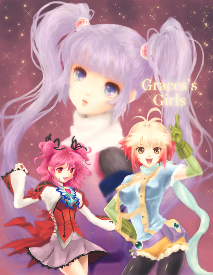 ja n gari koon, jako (toyprn), cheria barnes, pascal (tales), sophie (tales), tales of (series), tales of graces, bad id, bad pixiv id, 3girls, blue shirt, copyright name, english text, gloves, gradient background, multicolored hair, multiple girls, no lineart, pink hair, purple background, purple eyes, purple hair, purple skirt, red hair, ribbon, scarf, shirt, skirt, twintails, two-tone hair, two side up, white hair