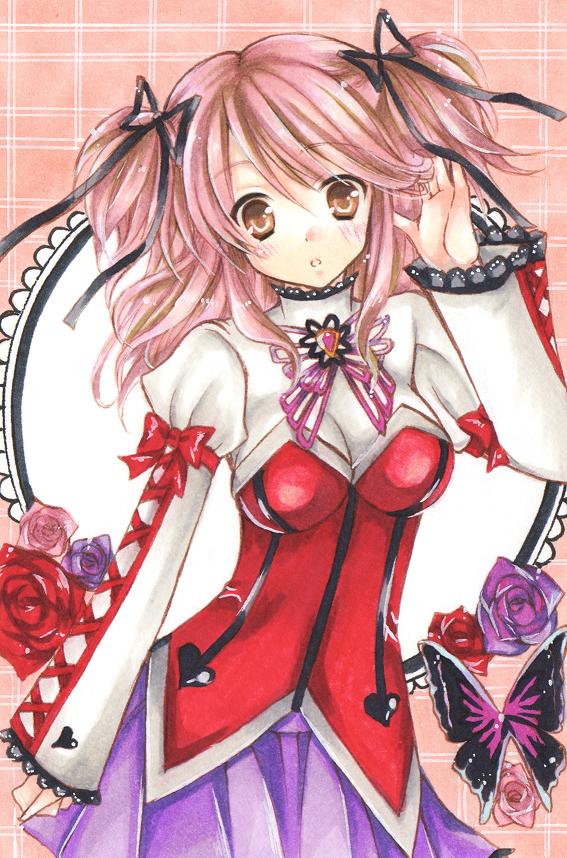 ichigoho, shira ichigo (ichigohou), cheria barnes, tales of (series), tales of graces, bad id, bad pixiv id, traditional media, 1girl, brown eyes, bug, butterfly, female focus, flower, insect, pink background, pink flower, pink hair, pink rose, purple flower, purple rose, purple skirt, red flower, red rose, ribbon, rose, skirt, solo, two side up