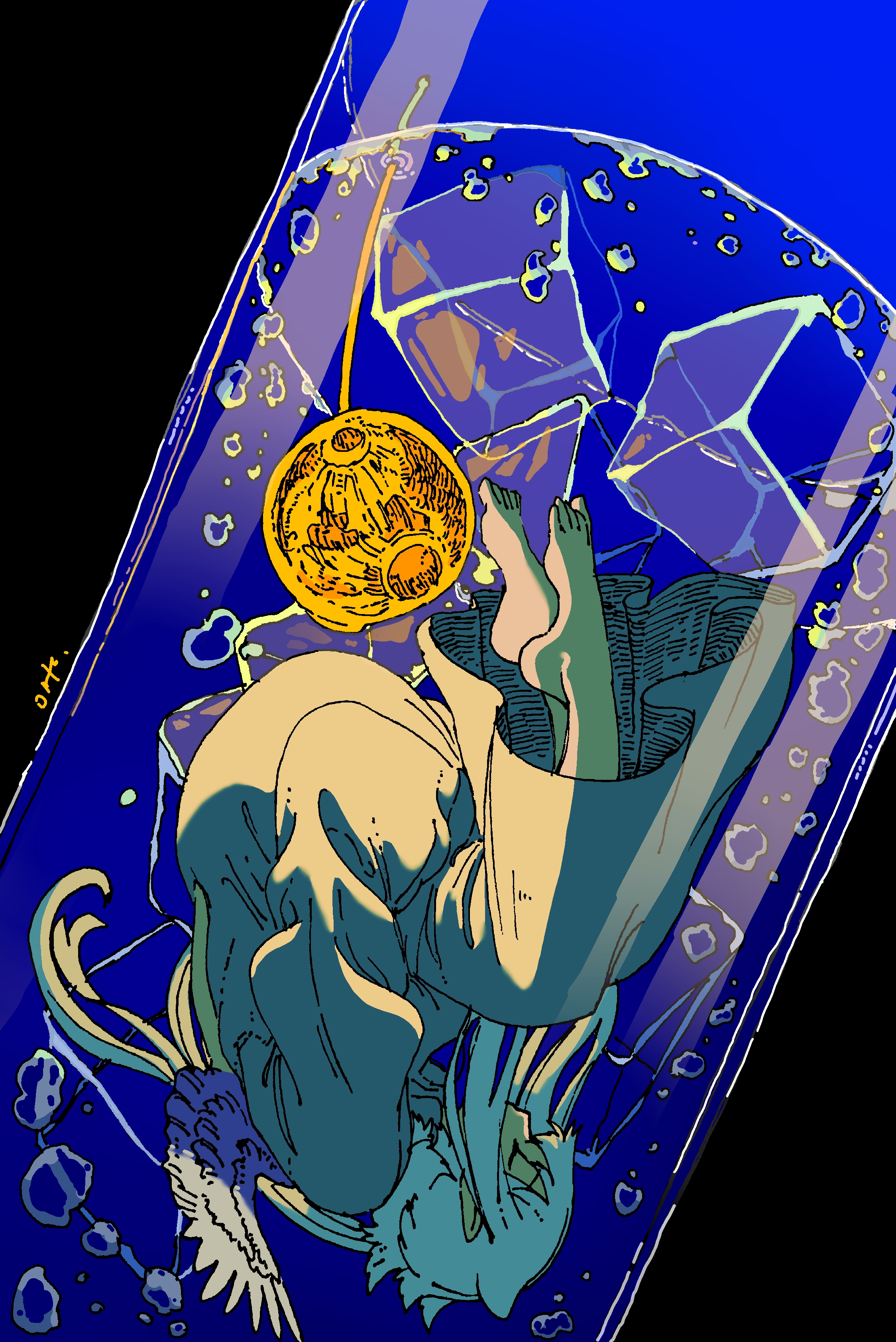 omitasi, original, absurdres, commentary request, highres, 1girl, barefoot, closed eyes, cup, dress, drink, full body, ice, ice cube, in container, in cup, long hair, mini person, minigirl, solo, submerged, upside-down, white hair, wings