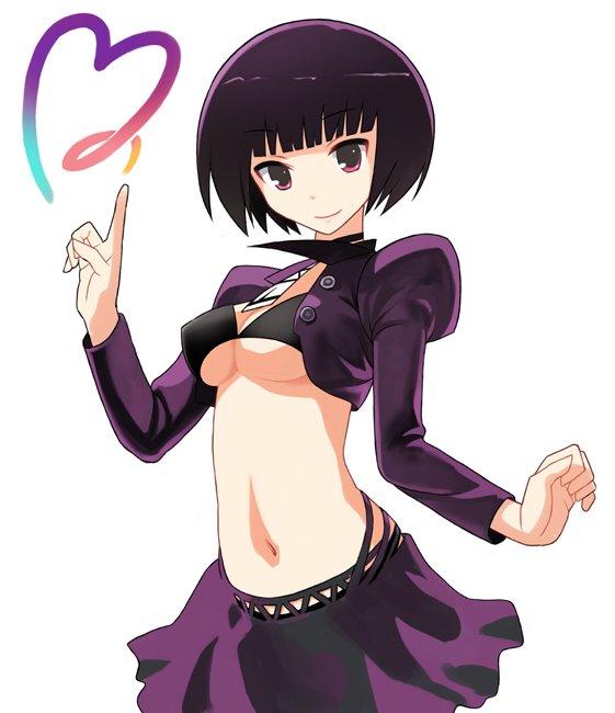 yuugiri (u-slash), original, 1girl, bikini, bikini top only, black bikini, blunt bangs, bob cut, breasts, buttons, female focus, heart, midriff, navel, pink eyes, purple hair, short hair, solo, swimsuit, underboob