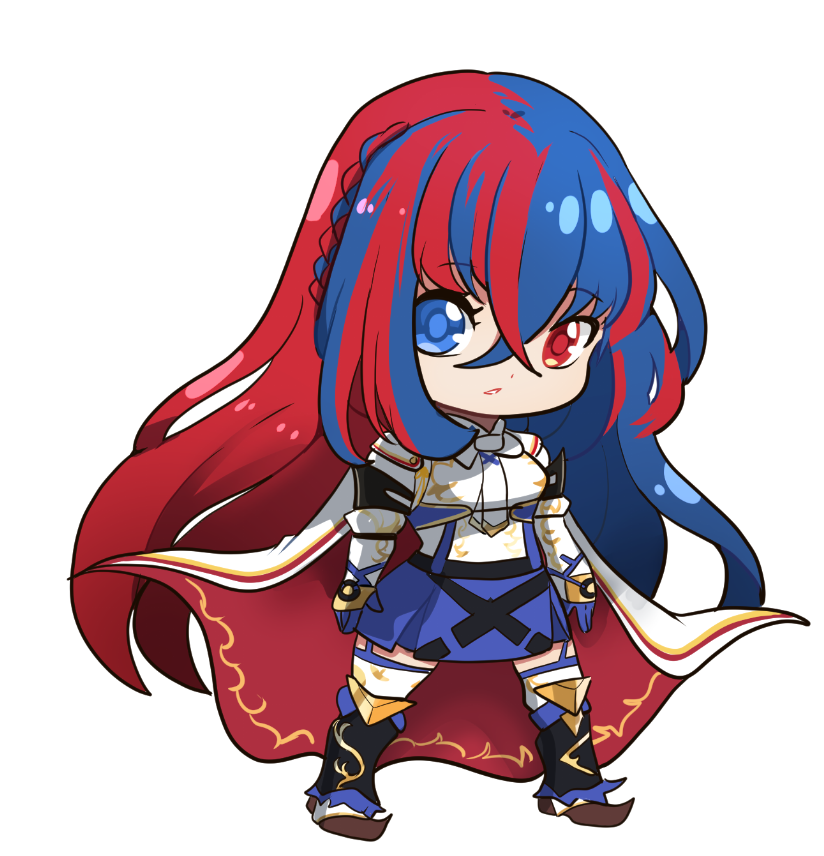 yami11, female alear (fire emblem), fire emblem, fire emblem engage, nintendo, commentary, english commentary, 1girl, blue eyes, blue hair, chibi, chibi only, crossed bangs, heterochromia, long hair, looking at viewer, multicolored hair, red eyes, red hair, smile, solo, split-color hair, two-tone hair, very long hair