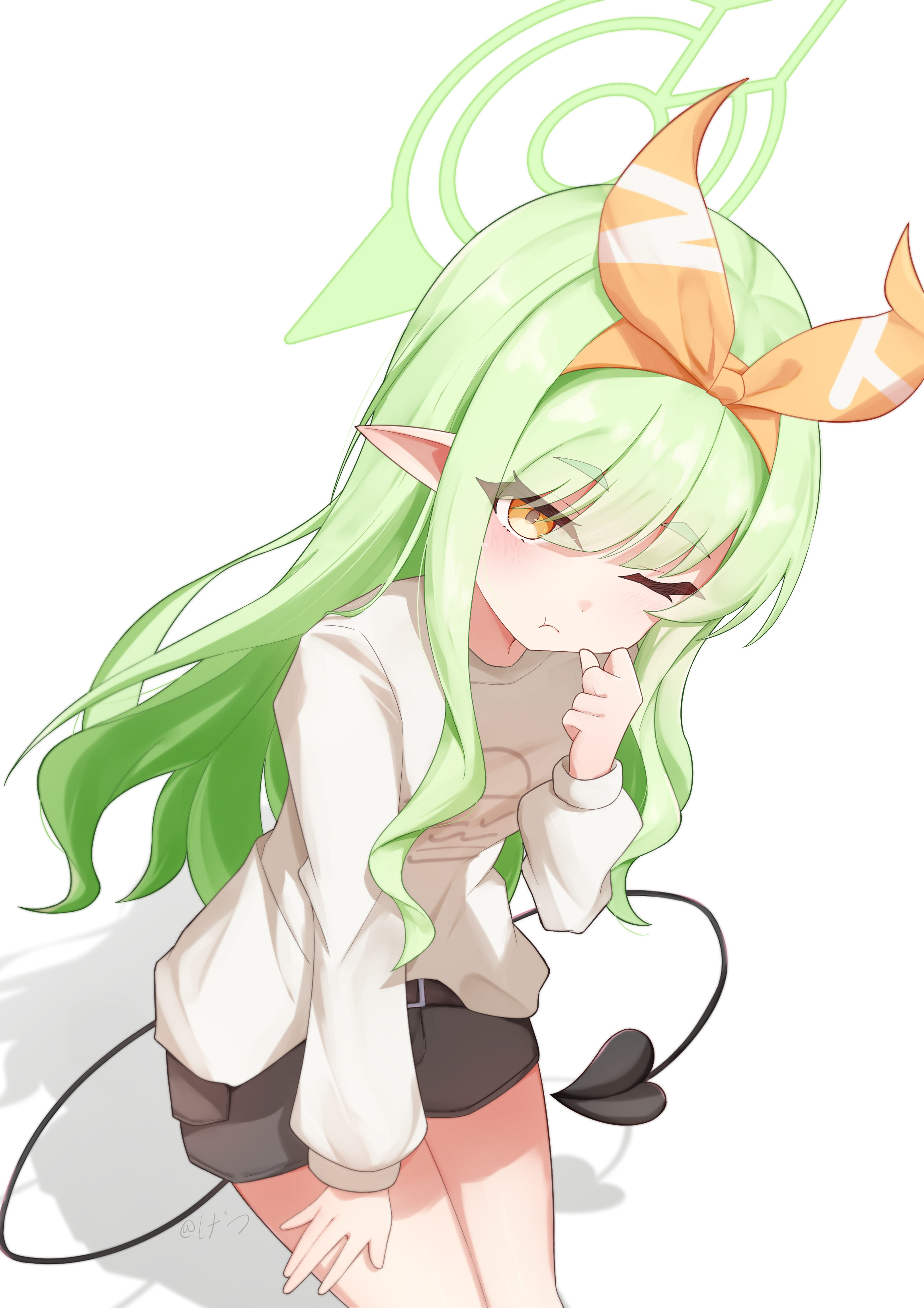 sakura koigetsu, hikari (blue archive), hikari (mom's touch) (blue archive), blue archive, absurdres, commentary request, highres, 1girl, ;t, black shorts, blush, clenched hand, closed mouth, cowboy shot, demon girl, demon tail, dutch angle, eyes visible through hair, green hair, green halo, hair between eyes, hair ribbon, hairband, halo, hand on own thigh, hand up, long hair, long sleeves, looking at viewer, official alternate costume, one eye closed, orange hairband, orange ribbon, pointy ears, ribbon, shadow, shorts, sidelocks, simple background, solo, tail, thick eyebrows, very long hair, wavy hair, white background