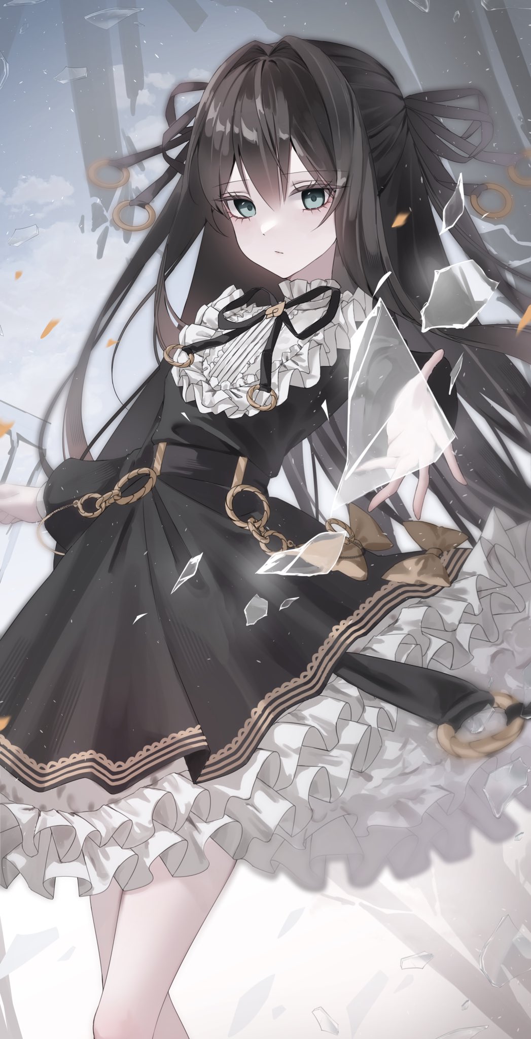 tairitsu (arcaea), arcaea, commentary request, highres, 00 zer0, 1girl, black dress, black hair, black ribbon, bow, broken glass, closed mouth, dress, dress bow, frilled dress, frilled skirt, frills, glass, green eyes, hair between eyes, hair intakes, hair ribbon, half updo, layered skirt, long hair, long sleeves, neck ribbon, o-ring, ribbon, skirt, solo, standing
